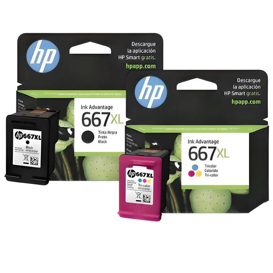 Pack de cartuchos de tinta HP 667XL original negro y tricolor con sus empaques.