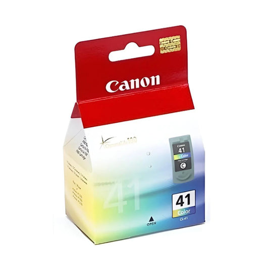 Cartucho de tinta Canon CL-41 tricolor original en su empaque rojo y blanco.