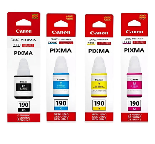 Pack de botellas de tinta Canon GI-190 original en colores negro, cian, amarillo y magenta.